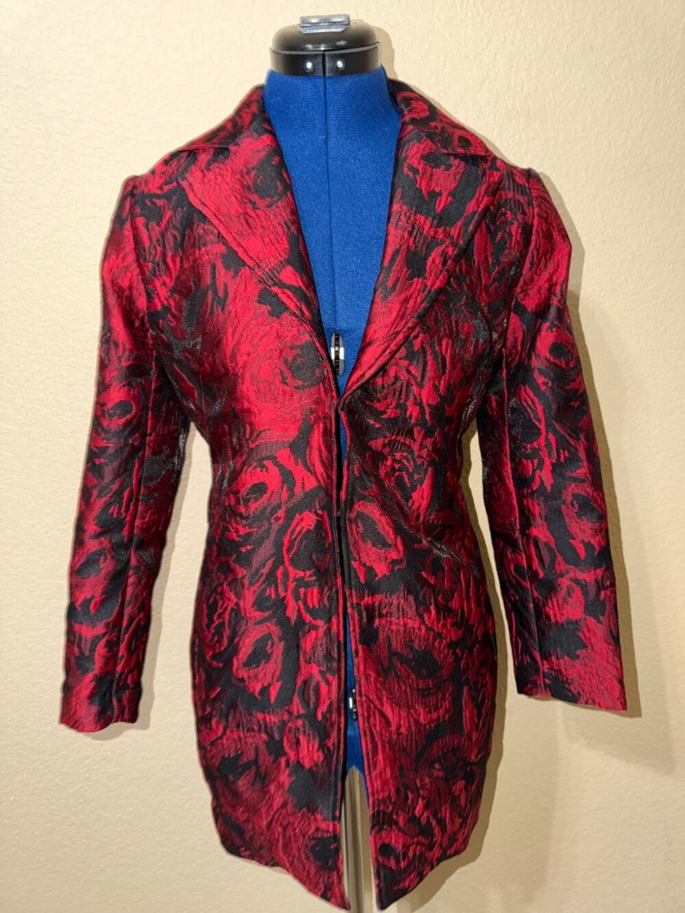 Chico's Red & Black Floral Jacquard Longline Blazer Jacket - Size 00P / X